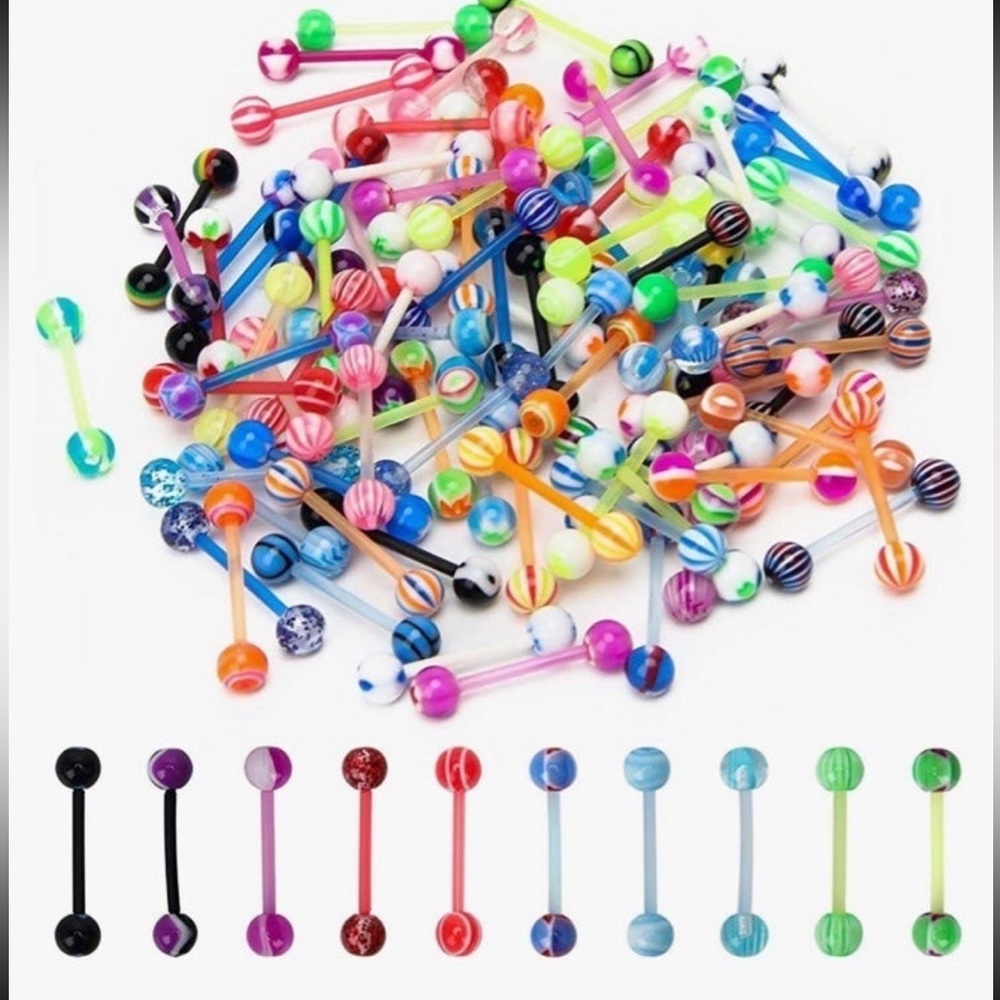 Flexible Glitter Acrylic Surgical Steel Barbell Tongue Ring 14G Bar Length 16mm